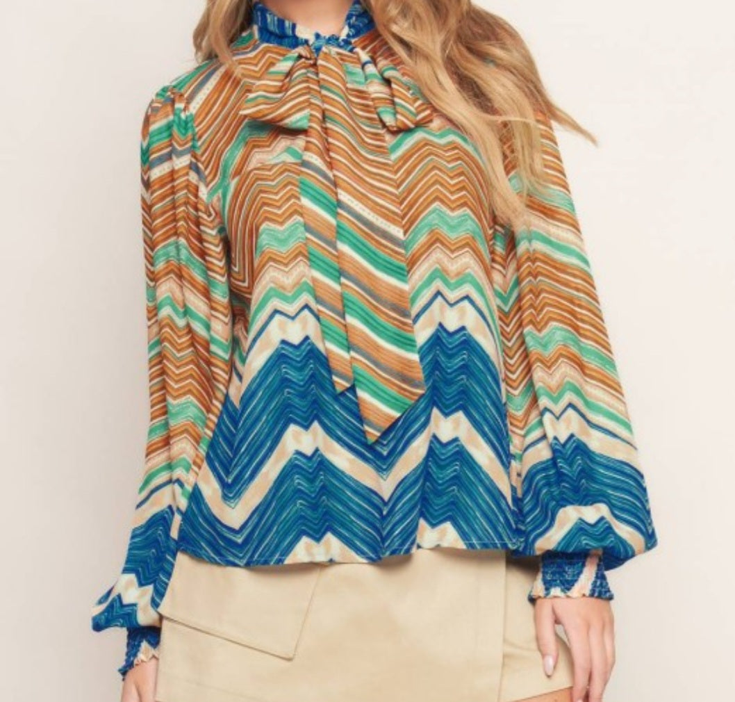 Rippled Tie Neck Blouse