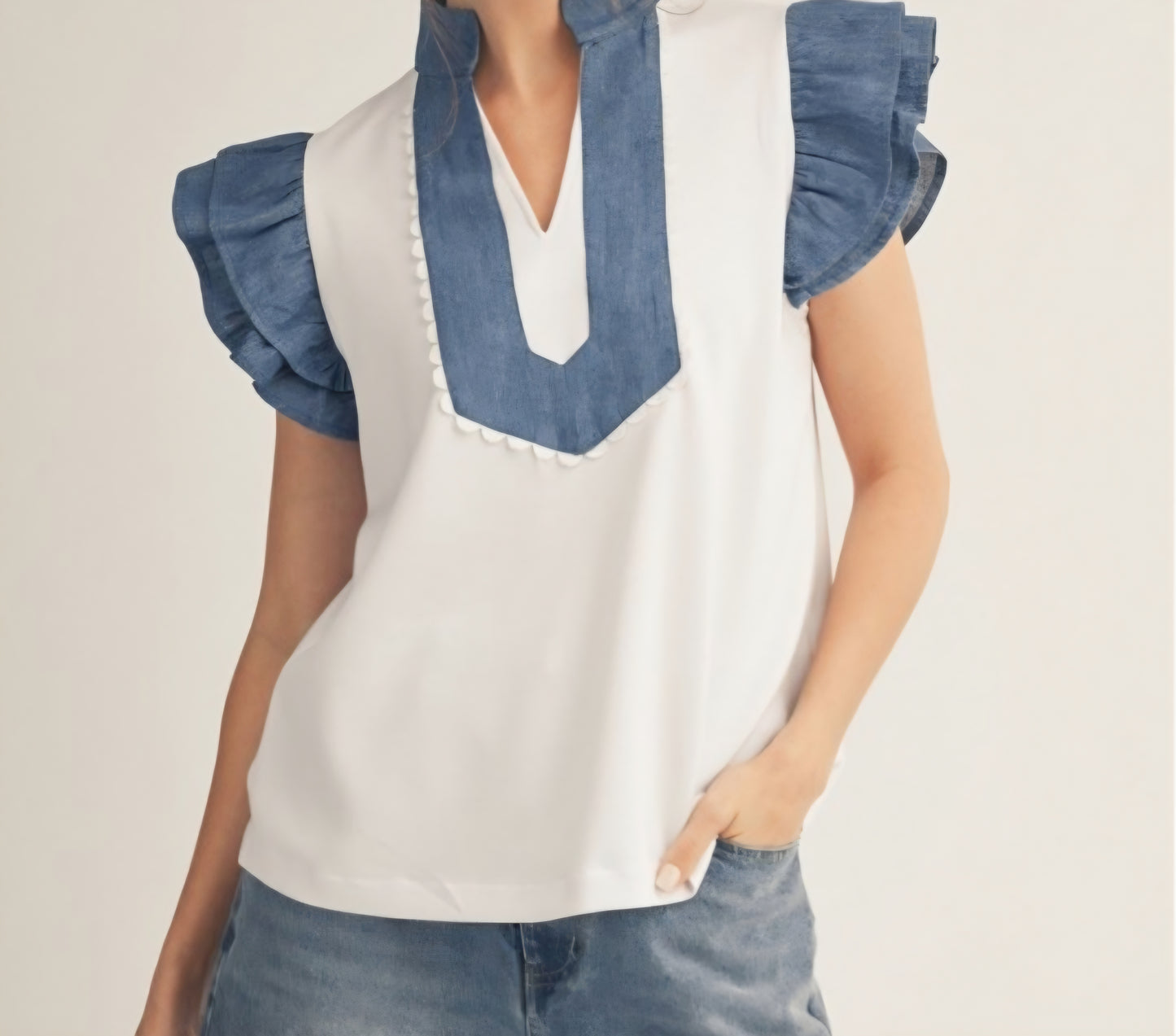 Denim Contrast Ruffle Sleeve Top