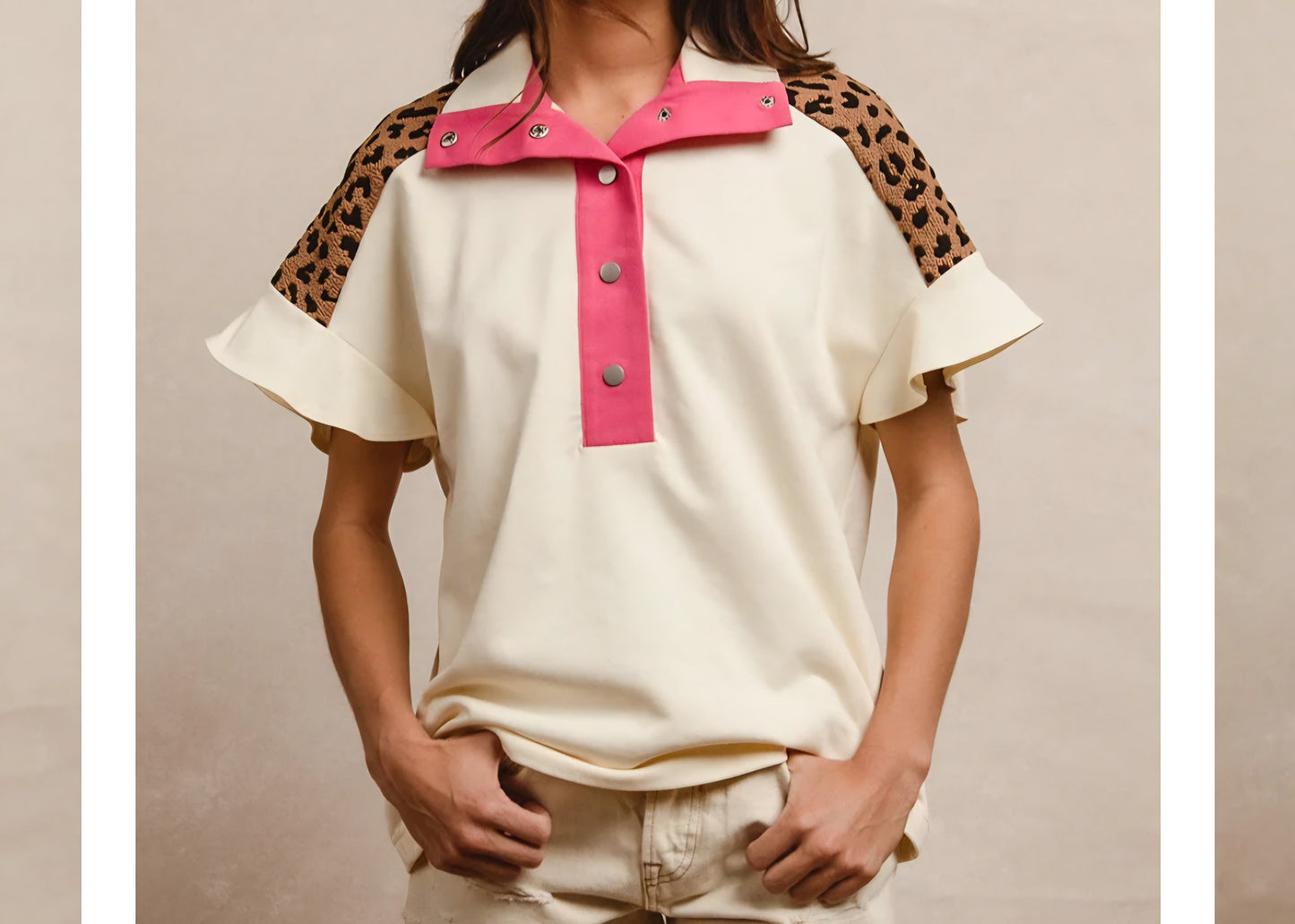 Leopard Contrast Flutter Sleeve Top