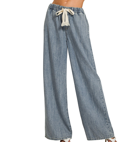 Drawstring Elastic Denim Pants