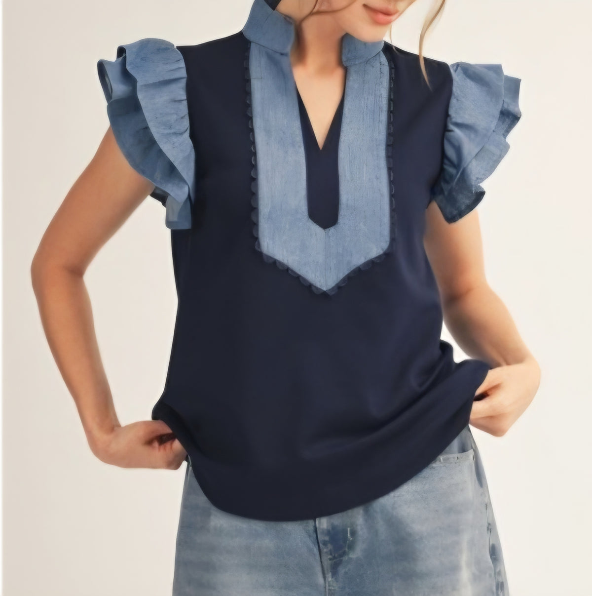 Denim Contrast Ruffle Sleeve Top