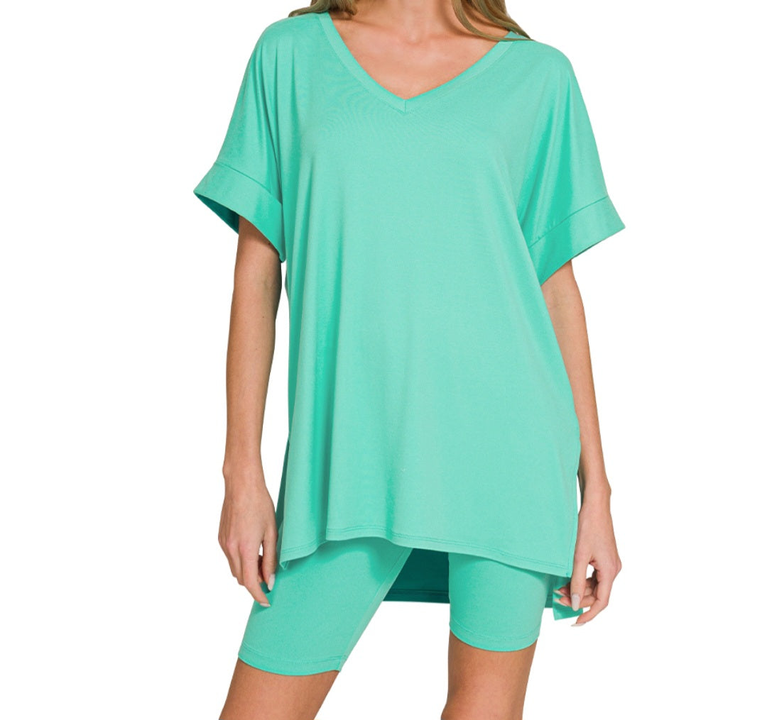 V-Neck Biker Short Set