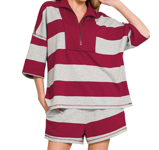Stripped Zip Top Short Set