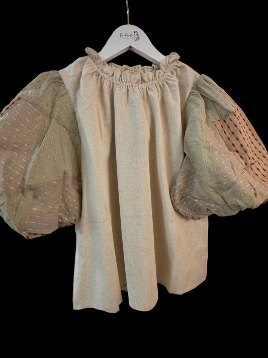 Linen Blended Balloon Sleeve Top